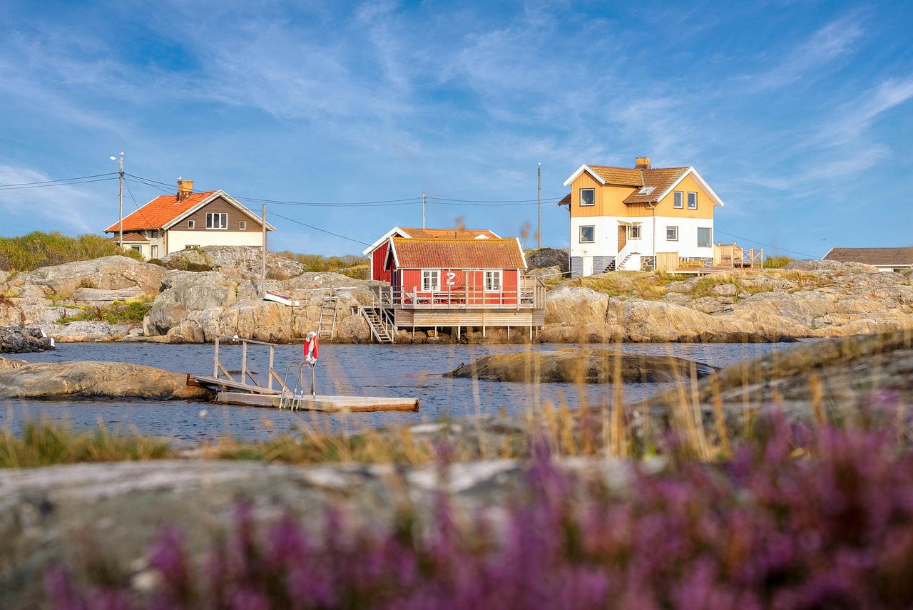 coast, beach, house, beach house, holiday home, woodhouse, sweden house, water, sea, lake, heaven, clouds, nature, rock, stony, outlook, landscape