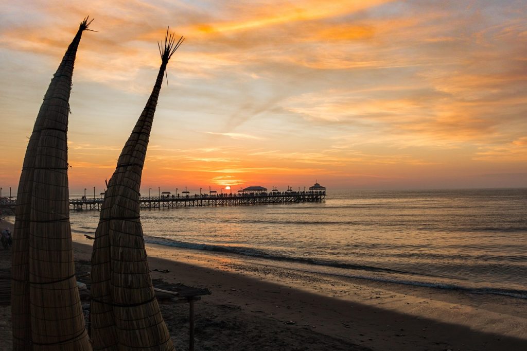 trujillo, huanchaco, beach, peru, adobe, horizon, holiday, beauty, nature, sea, costa, sunset