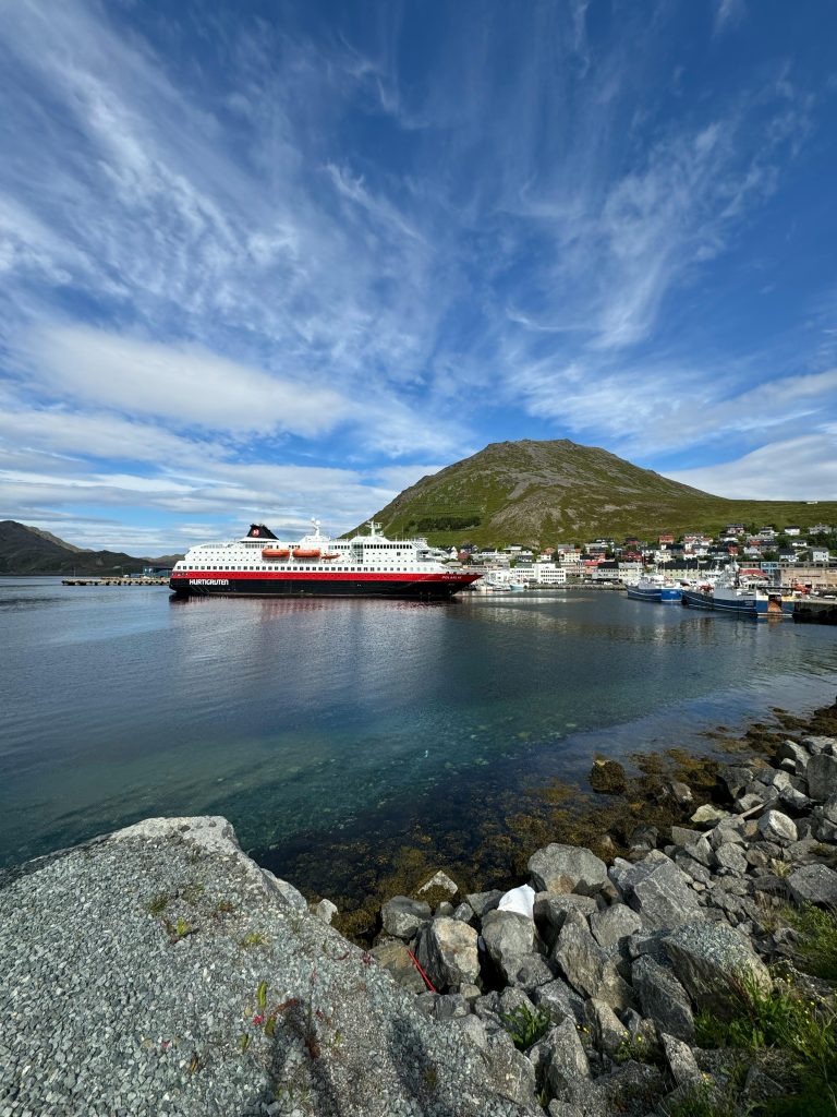 A scenic view of a cruise ship docked in a fjord-side town with a mountain under a bright blue sky.