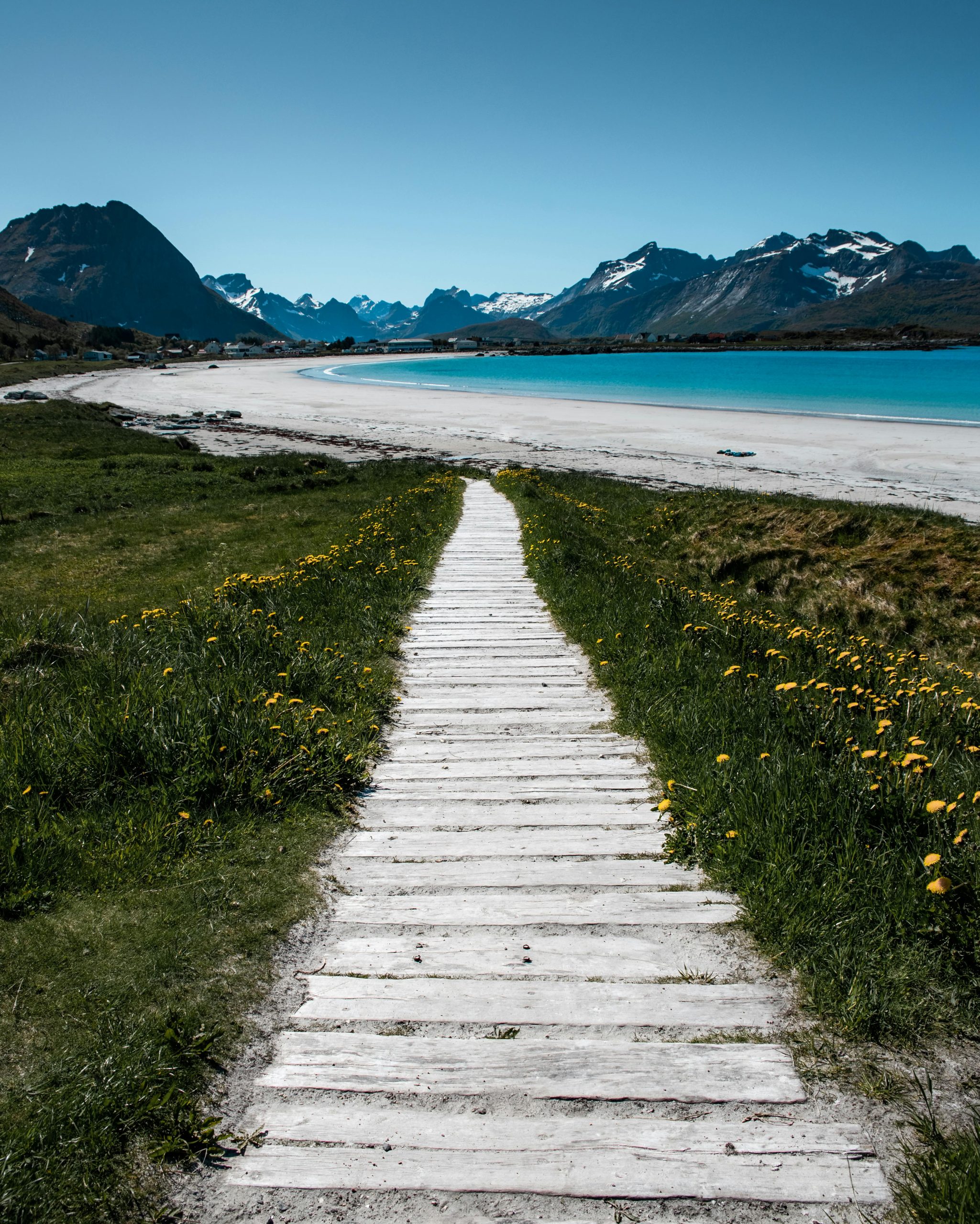 Beautiful coastal pathway in Norway with mountains and beach scenery.